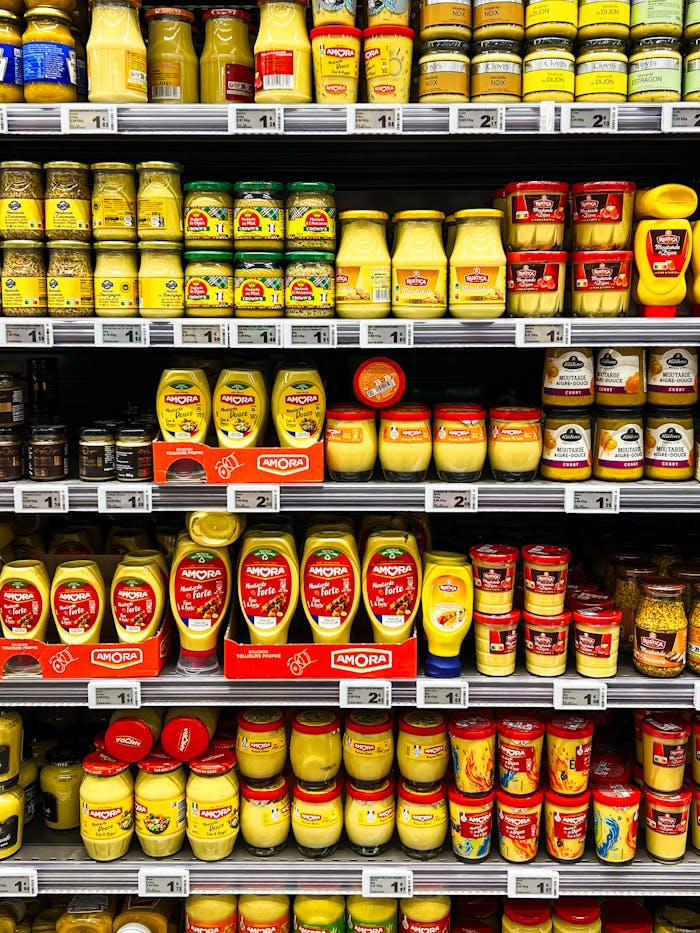 Colorful display of mustard jars on a supermarket shelf in Calais, France, showcasing variety and choice.