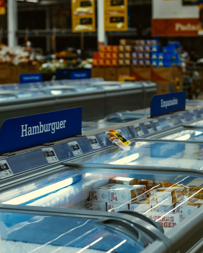 Chilled aisle of a Brazilian supermarket with various frozen foods on display.